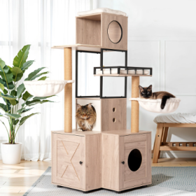 63 Multi-Functional Cat Tree With Litter Box - Includes Removable Washable Cushion, Scratching Posts  Toy Hanger, Modern Design, Rustic Gray (Option: Whitegray)