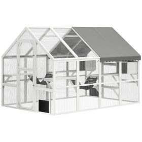 Wooden Catio Outdoor Cat Enclosure With Waterproof Cover, 2 Condos, 6 Platforms, Bridge, Doors, White (Color: White)
